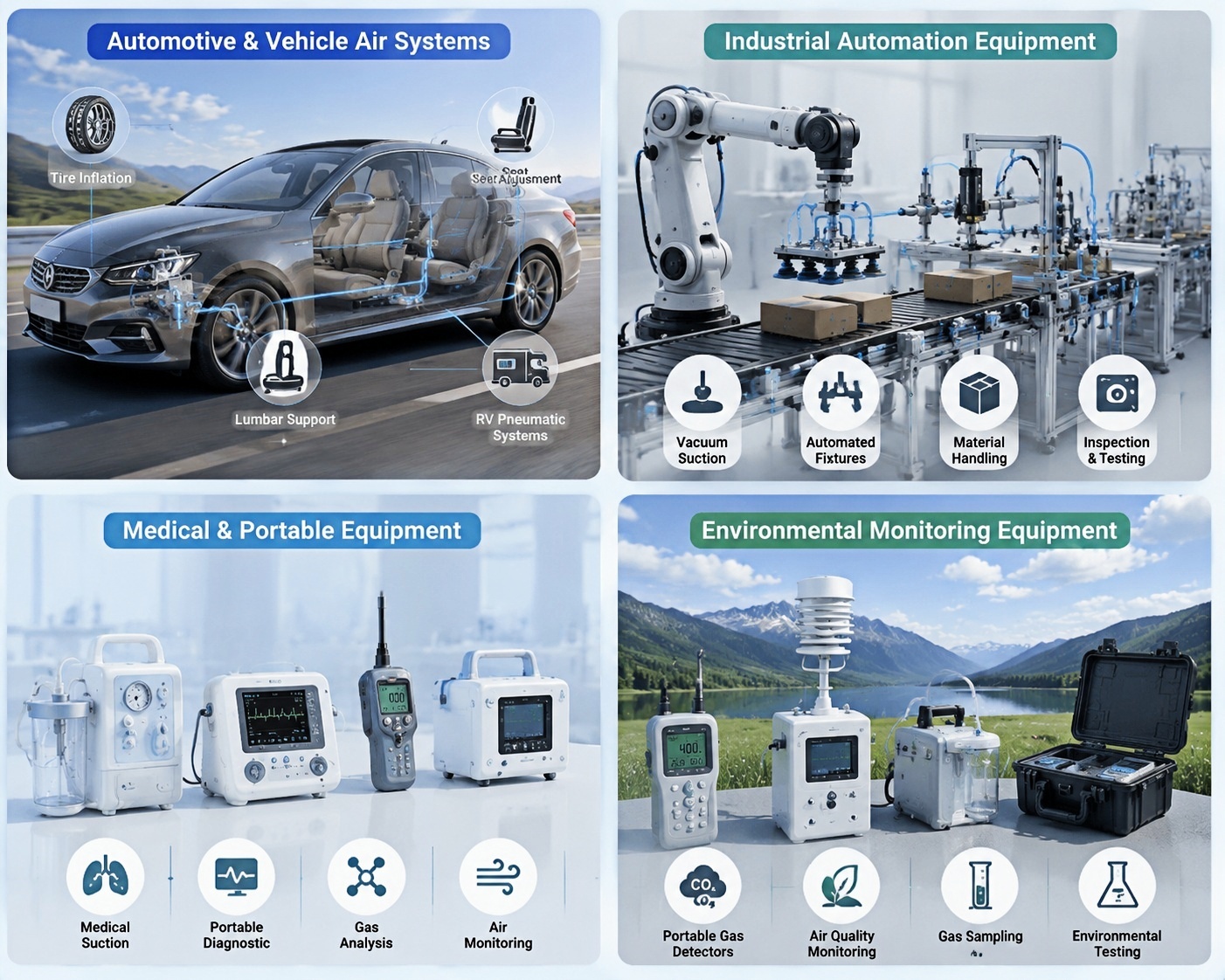 12V micro air pump applications in automotive systems, industrial automation, medical equipment and environmental monitoring devices