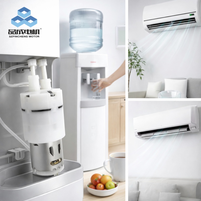 A compact micro water pump installed inside a modern white water dispenser, connected with clear tubing for fluid transfer.