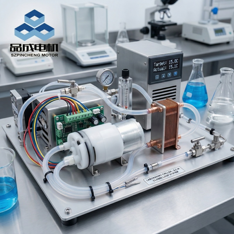 Industrial-grade micro DC brushless water pump used in a laboratory circulation and cooling setup. Demonstrates the pump's application in precision fluid management and thermal control systems.
