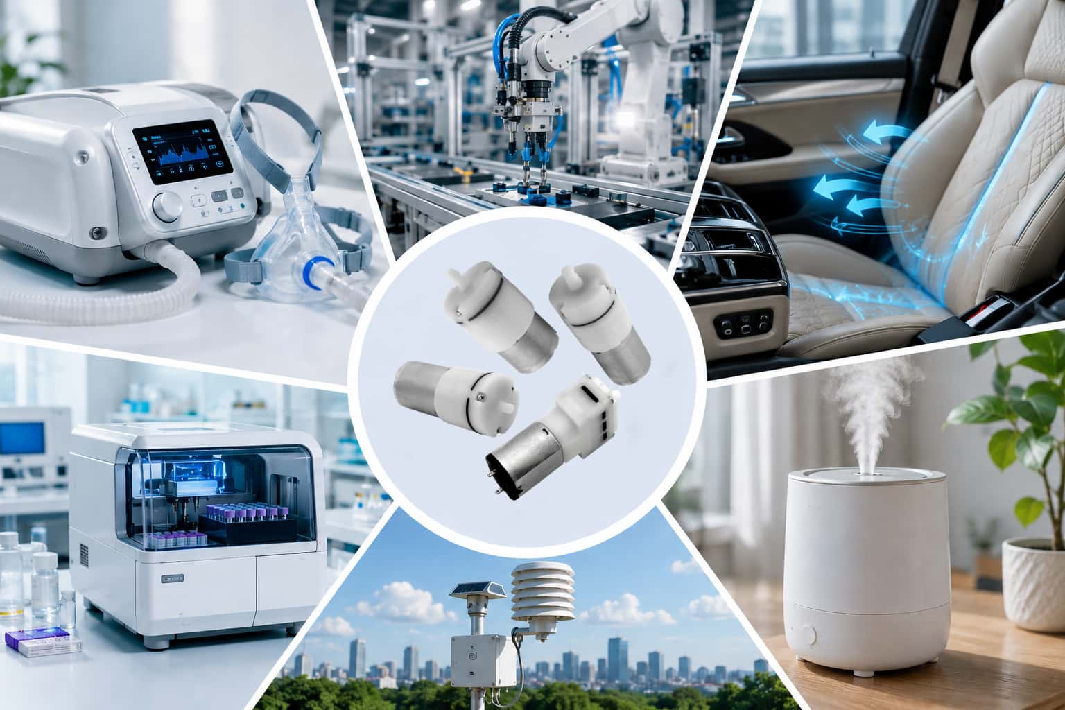 Pinmotor micro air pump applications in medical devices, industrial automation systems, automotive comfort systems, environmental monitoring equipment, laboratory instruments, and consumer electronics.